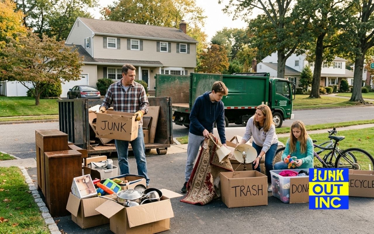 Family sorting items for junk removal preparation in Greenburgh, NY