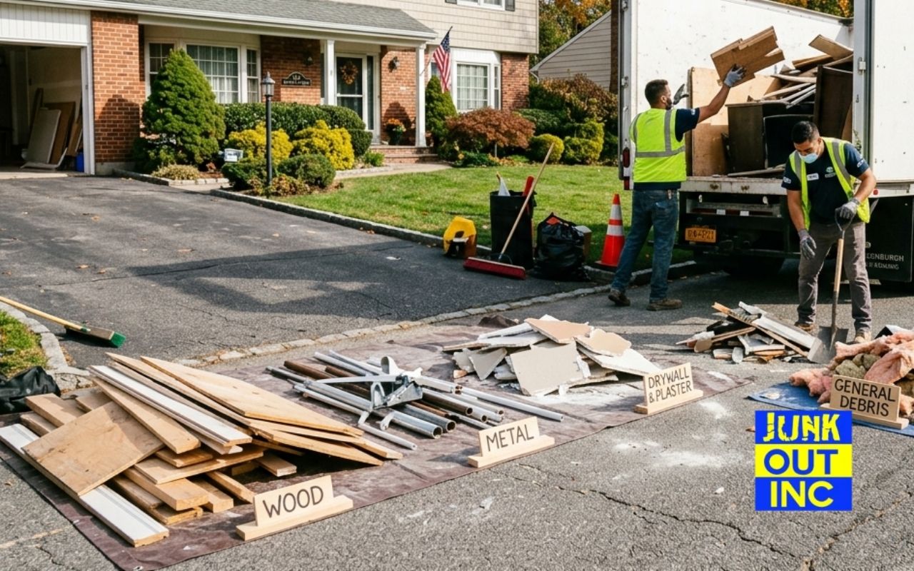 Post renovation junk removal in Greenburgh, NY with debris sorted on a driveway