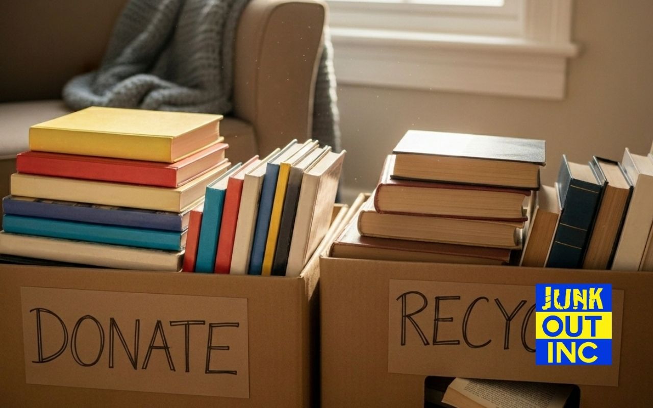 What to do with old books sorted into donation and recycling boxes