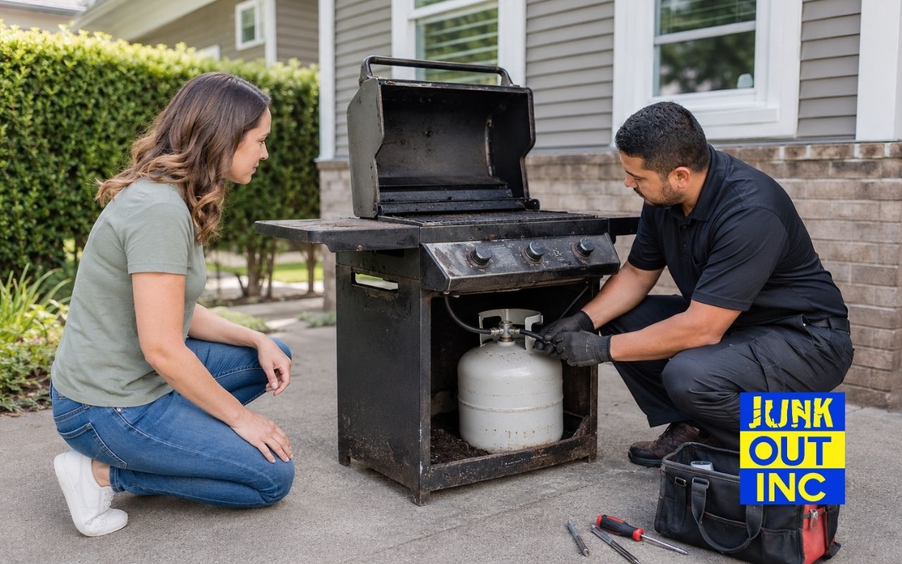 Homeowner learning how to dispose of an old BBQ grill safely
